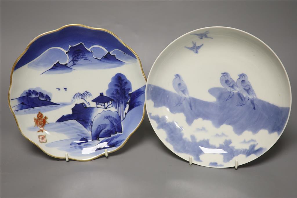 Four Japanese blue and white dishes, including a pair late Edo, largest diameter 21cm